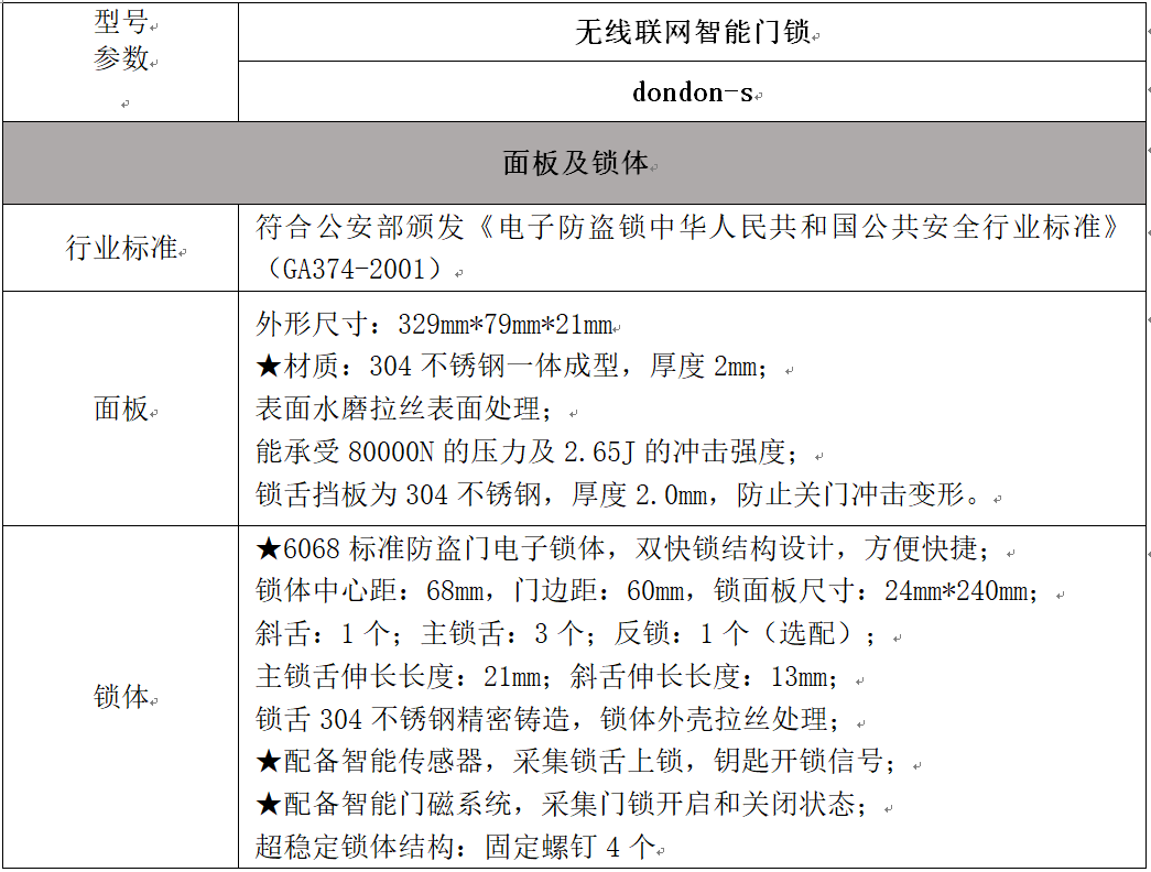 无线联网门锁面板参数