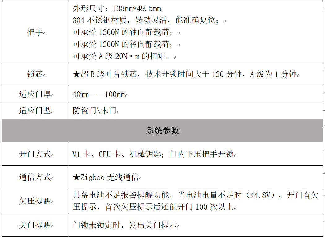 无线联网门锁锁体参数